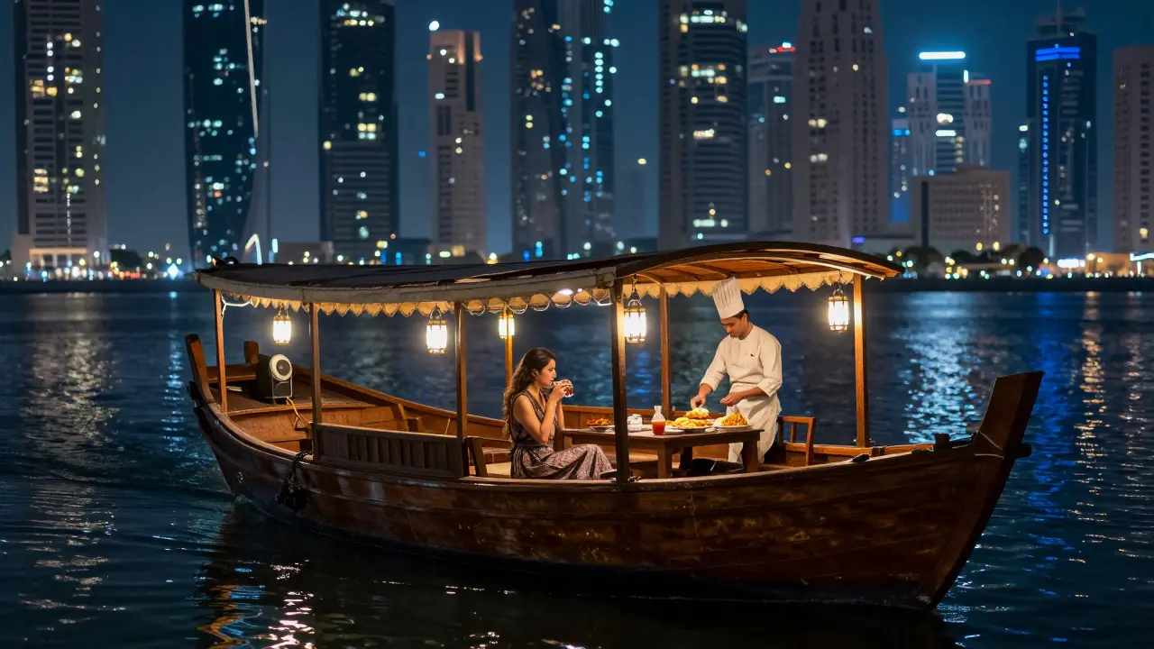 A quiet wooden dhow sailing on the Dubai Creek at night, lit by lanterns and reflected city lights.
