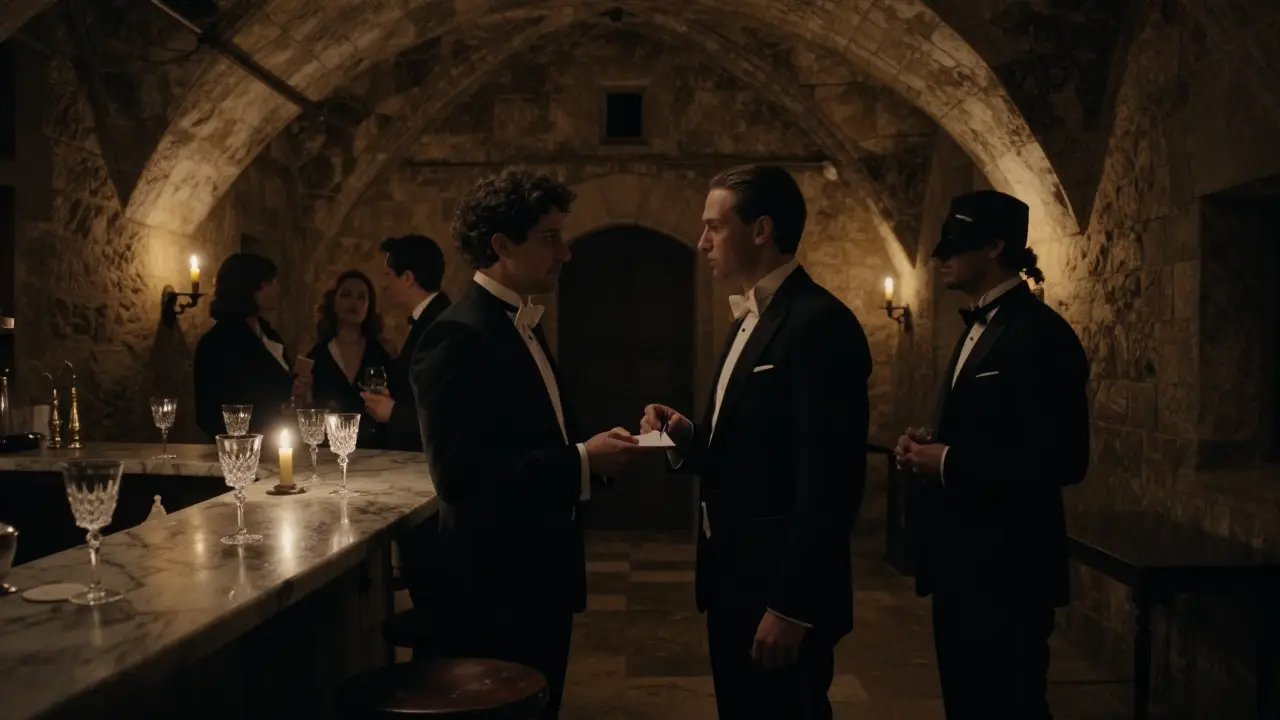 A secretive VIP club inside an ancient fortress, dim candlelight, whispered password being exchanged.