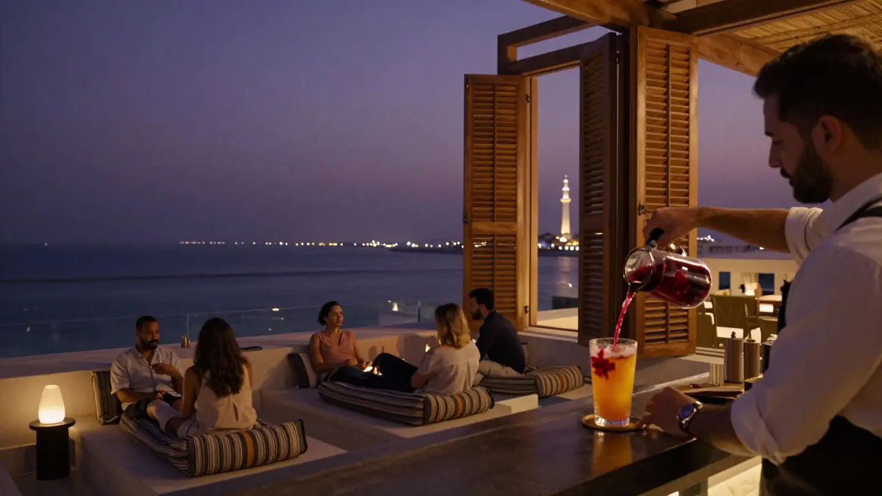 A serene rooftop lounge with views of the city and gulf, guests relaxing on cushions at night.