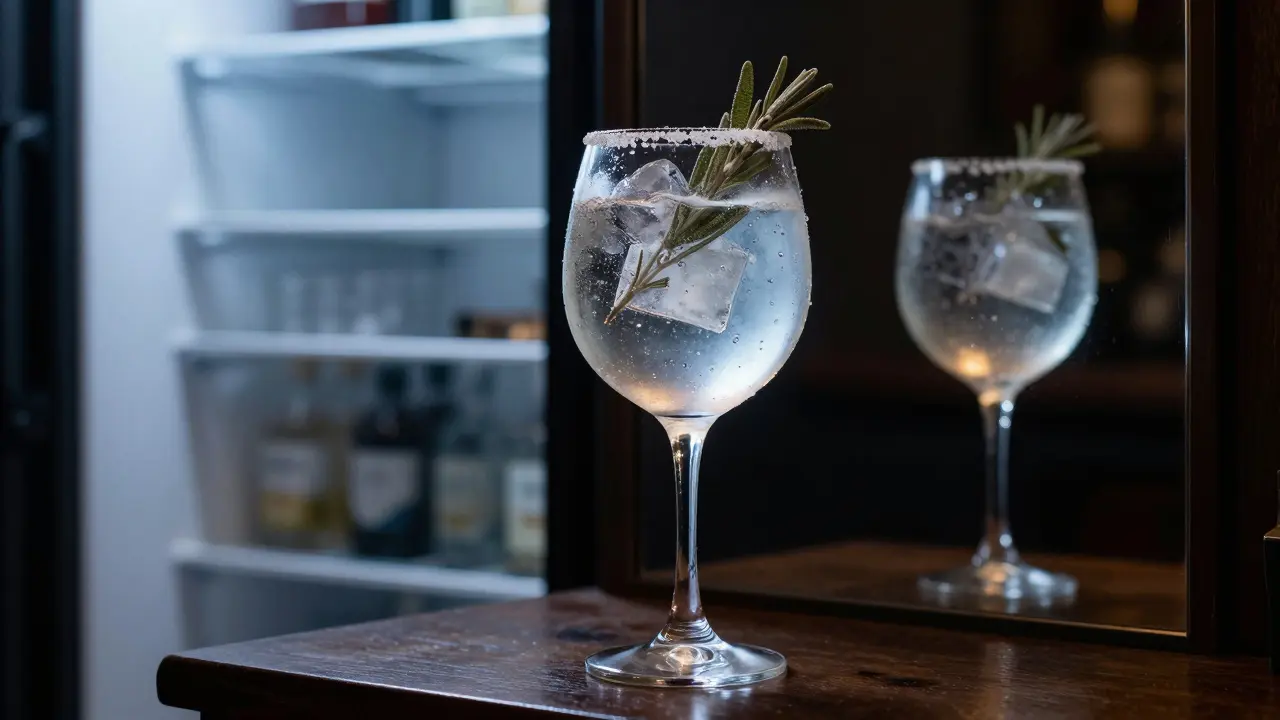 A single gin and tonic with desert sage garnish, reflected in a mirror beside a hidden fridge door.