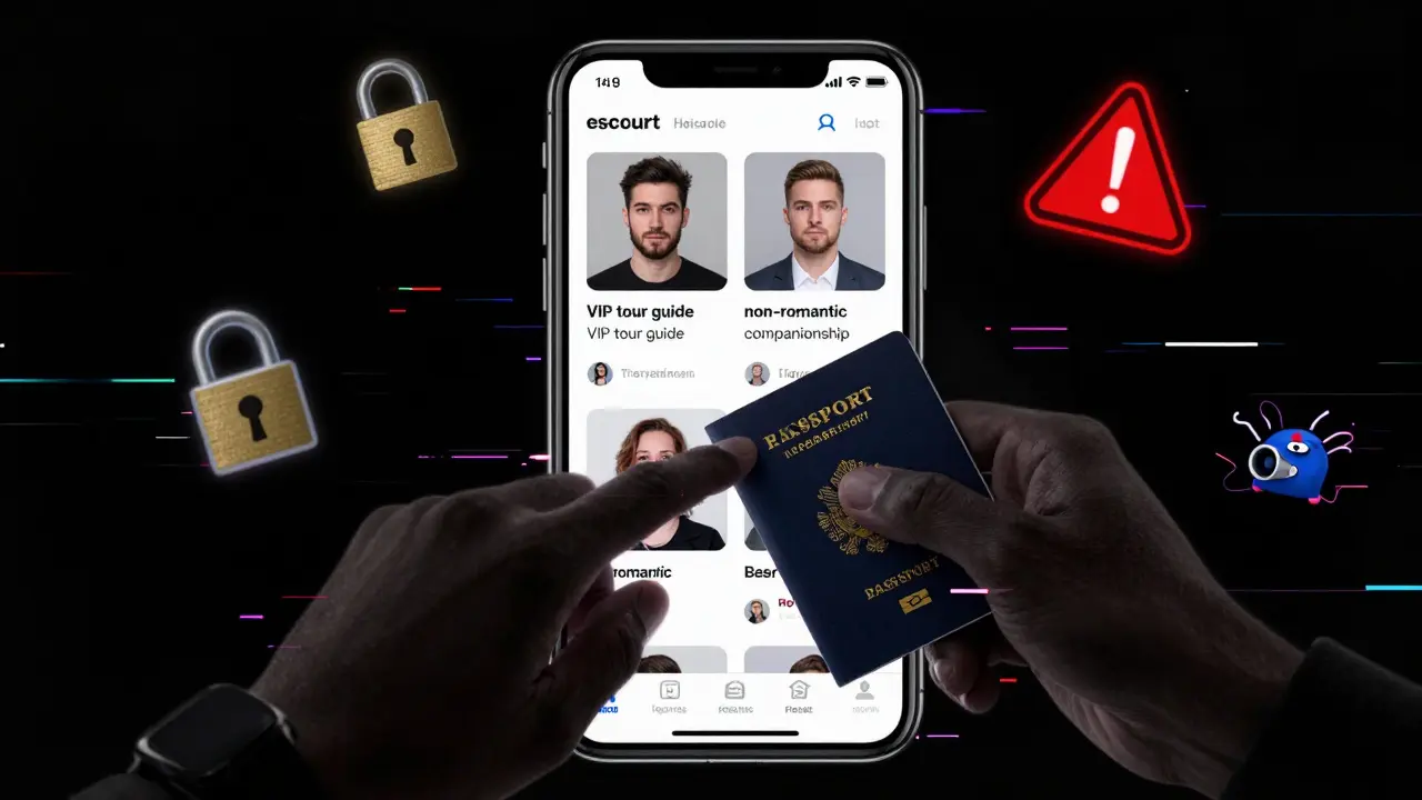 A smartphone screen shows fake escort profiles with warning symbols and shadowy hands grabbing personal items.
