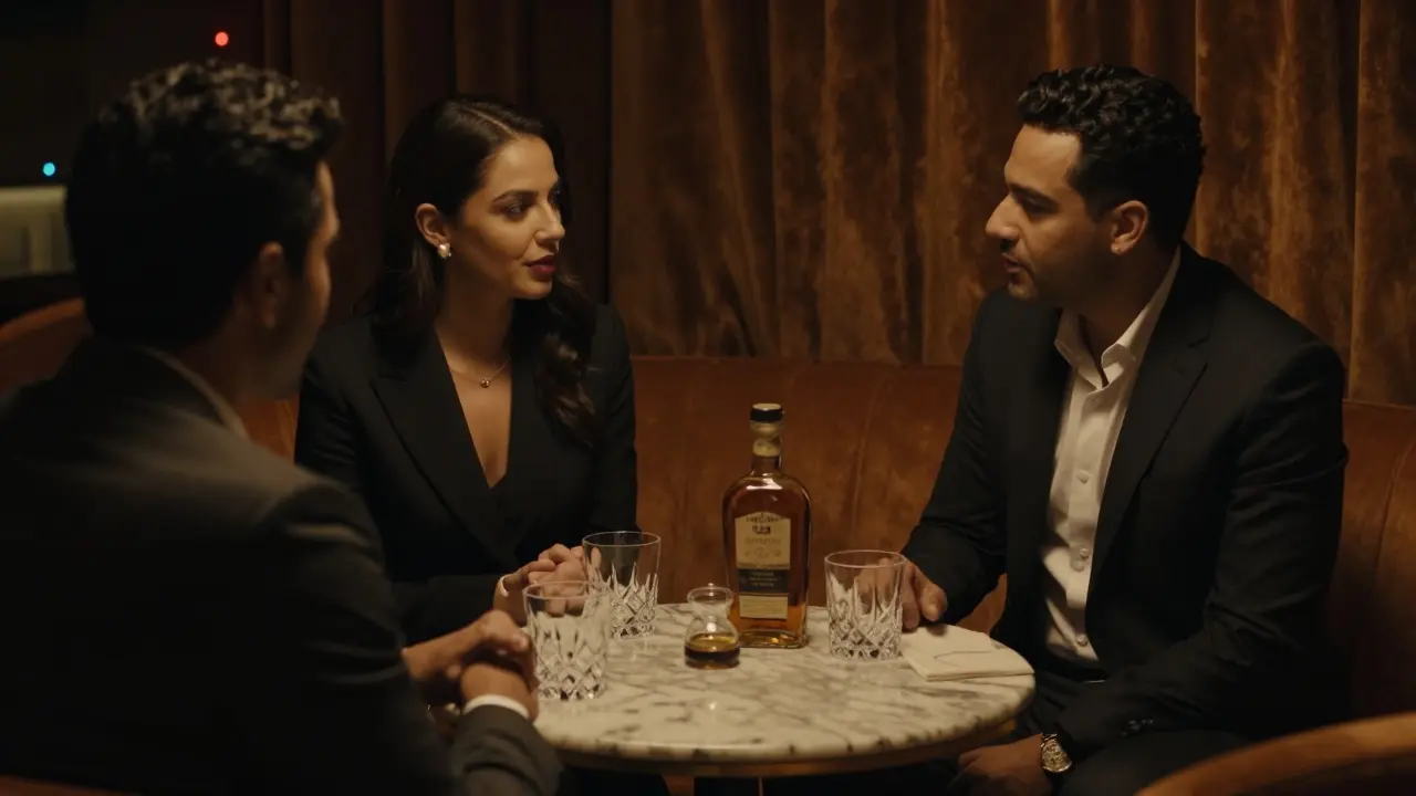 A sophisticated woman converses quietly with a man in a dimly lit exclusive club lounge.