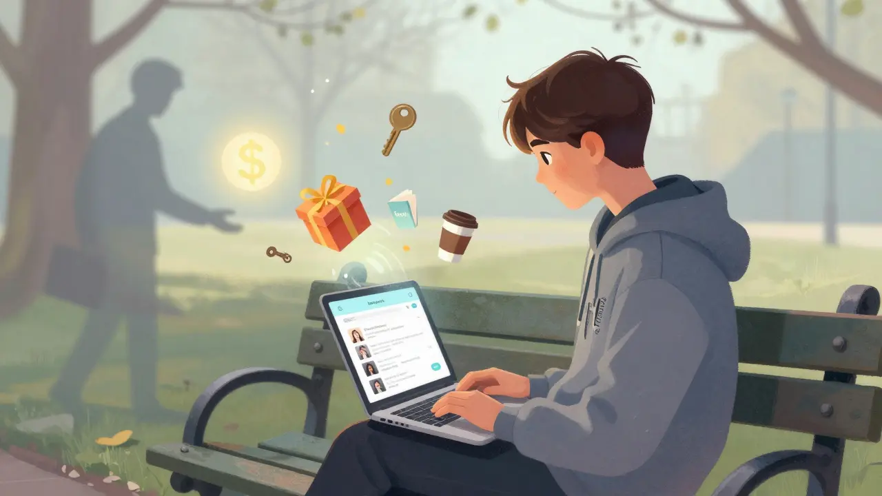 A student on a park bench with symbolic gifts floating around them, representing financial support without words.