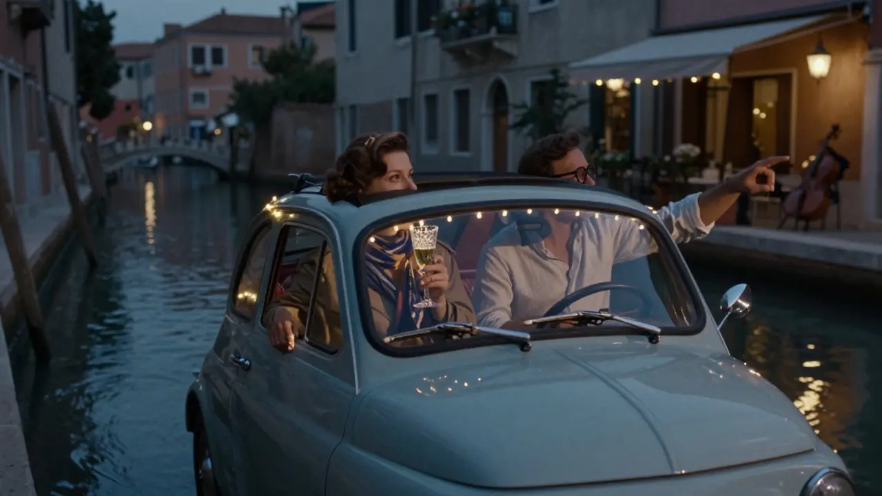 A vintage Fiat 500 cruising along Navigli canals at dusk with string lights glowing.