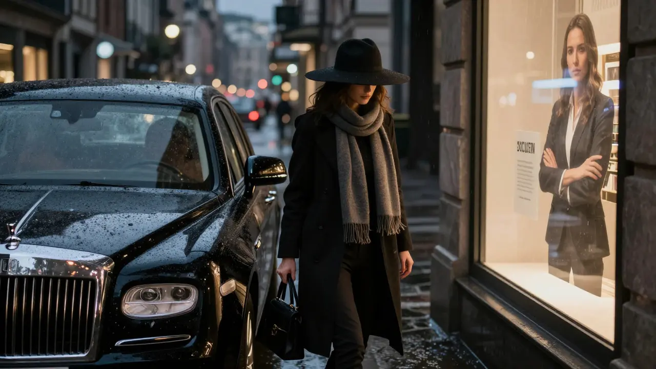 A woman exiting a car at night in Milan, her face hidden, with professional roles reflected in a window.