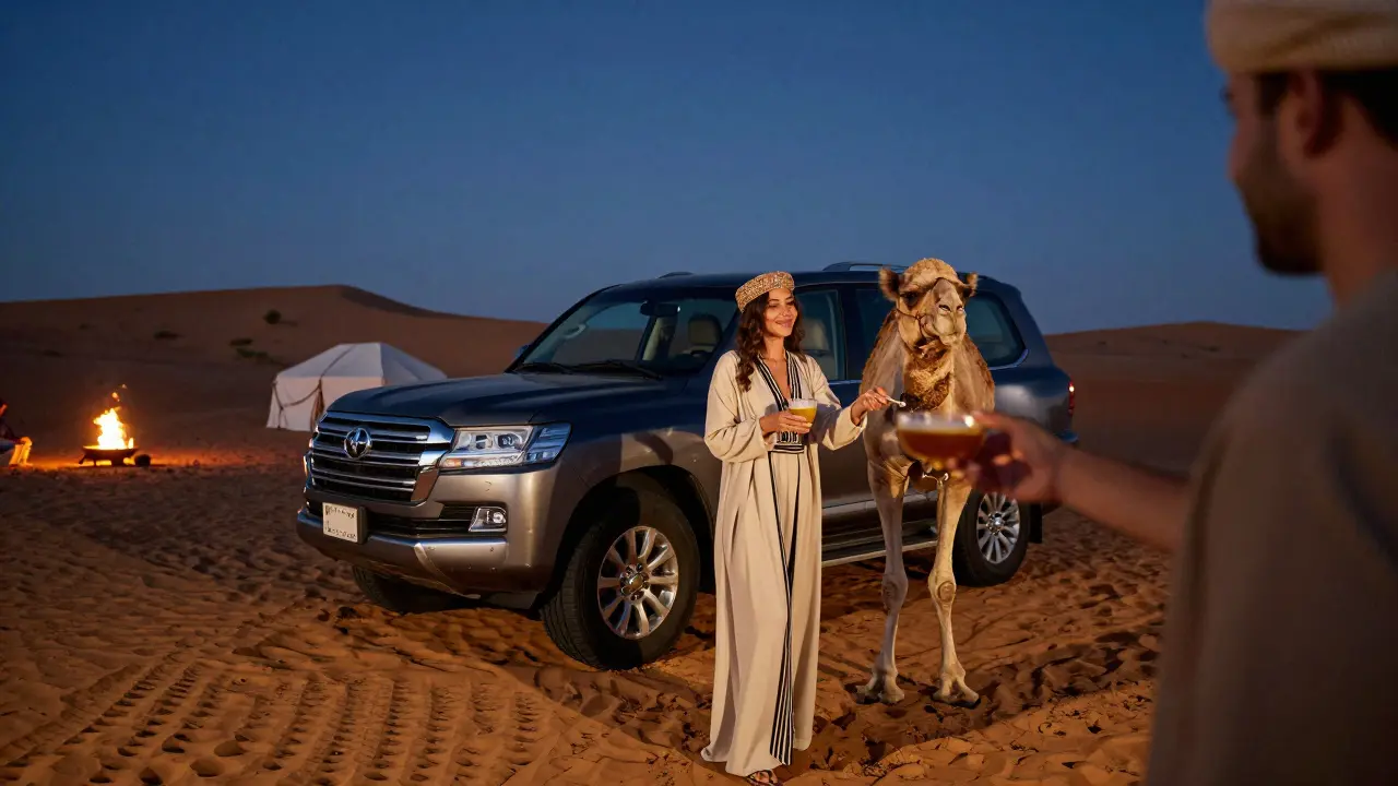 A woman offers a drink to a guest during a desert safari at twilight under starry skies.