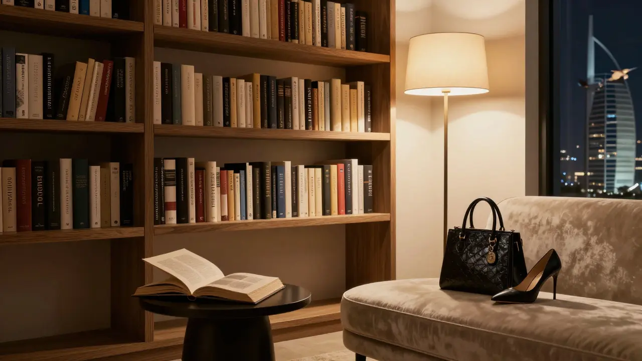 An elegant Palm Jumeirah apartment interior with books and a single high heel, suggesting a refined, unseen visit.