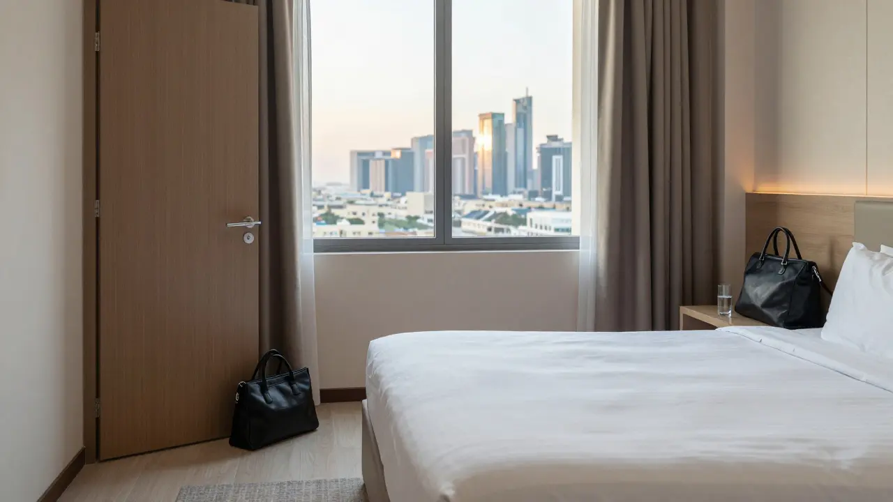 An empty hotel room in Abu Dhabi reflects safety, boundaries, and calm professionalism after a respectful encounter.