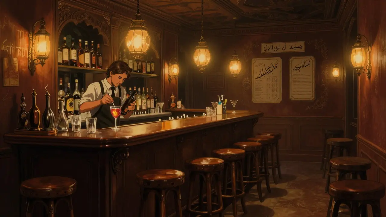 An intimate bar with 12 stools and a bartender crafting a custom cocktail in soft golden light.