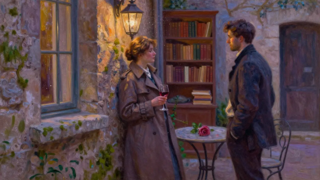 An intimate moment in a hidden Parisian courtyard, with wine, books, and soft lantern light.