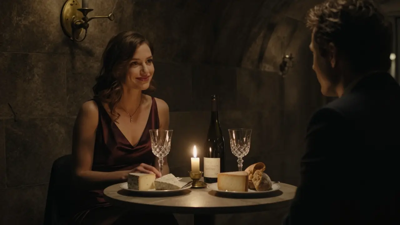 Candlelit wine tasting in a hidden Berlin cellar with two people sharing a quiet evening.