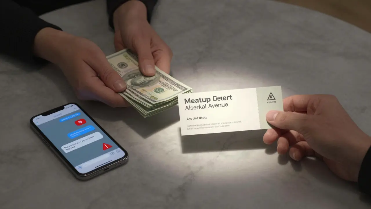 Cash and a warning-filled phone screen next to an art event ticket, symbolizing the choice between risk and legitimacy.