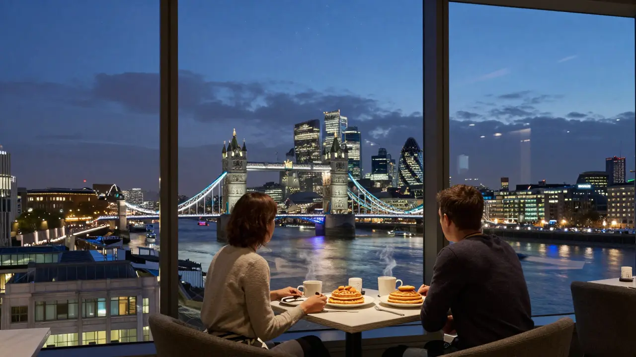 Couple dining on pancakes at 3 a.m. with a glowing London skyline behind them.