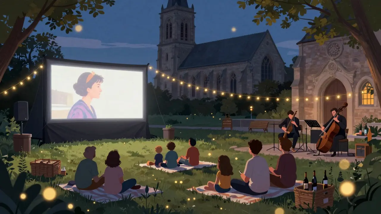 Couples enjoying an outdoor film under string lights in a cozy courtyard at dusk.