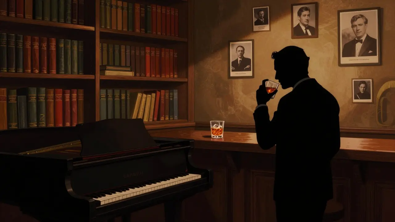Cozy dim bar with books and piano, an actor sipping gin in quiet reflection.