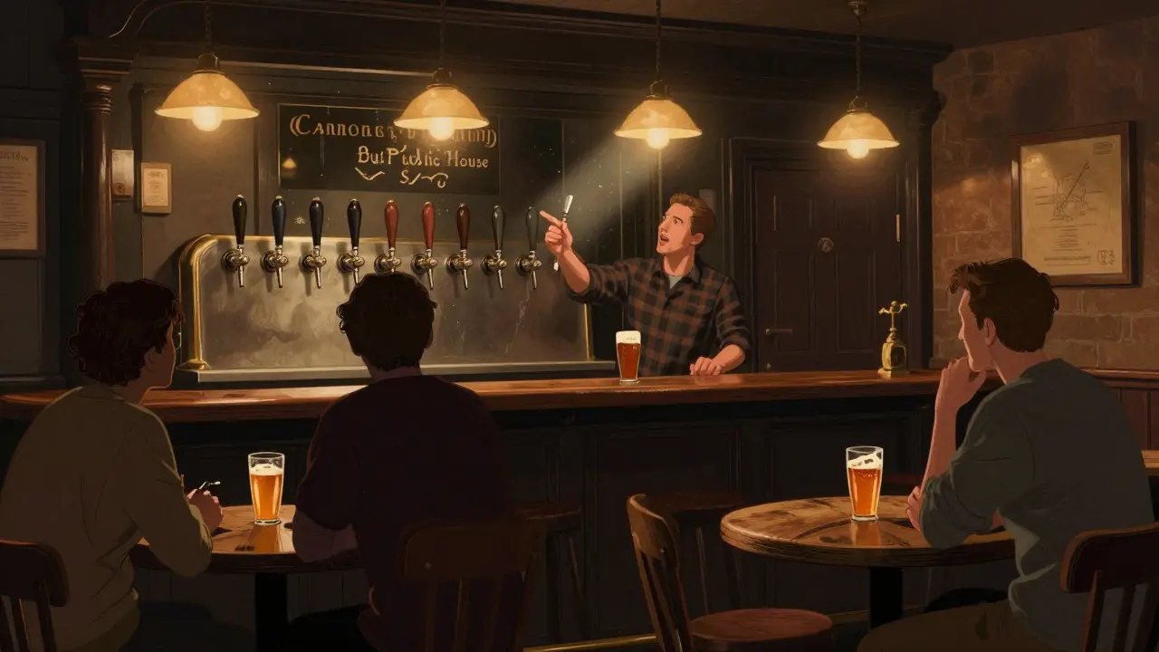 Cozy Soho pub with wooden stools and a barkeep explaining a craft beer to two customers.