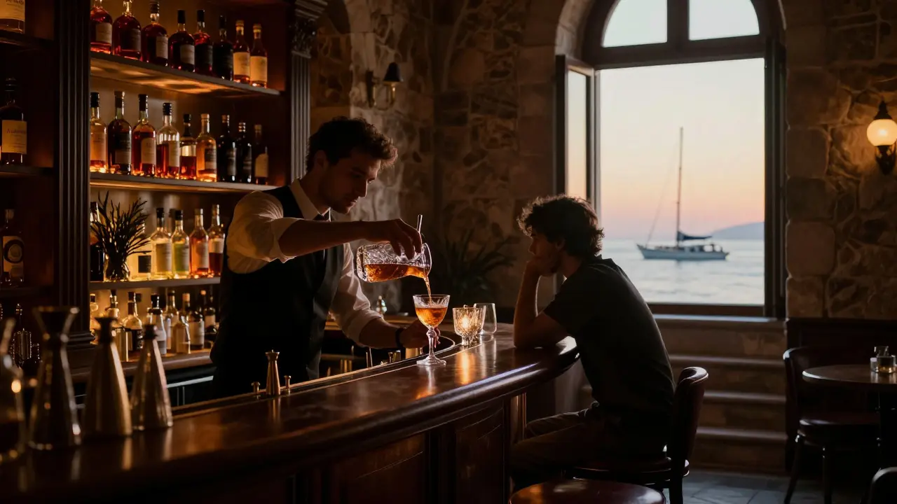 Cozy speakeasy bar with a bartender pouring cocktails as dawn light filters through a window.