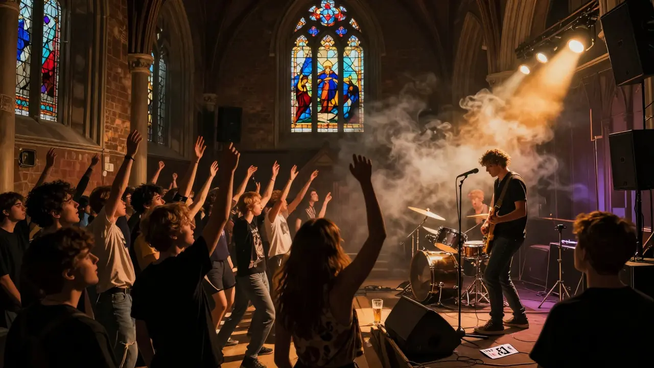 Crowd cheering at a live punk concert inside a converted church in Camden.