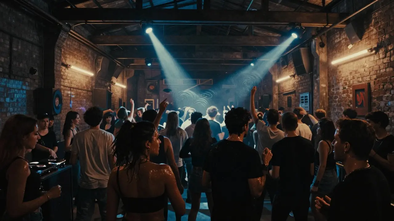 Crowd dancing in a raw industrial nightclub with strobe lights and exposed brick walls.