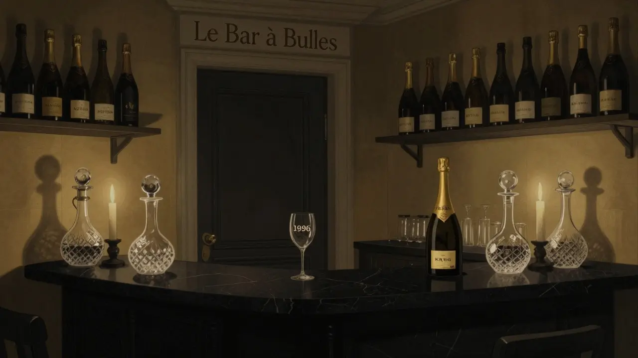 Dimly lit champagne bar with a single glass of vintage Krug on a black marble counter.