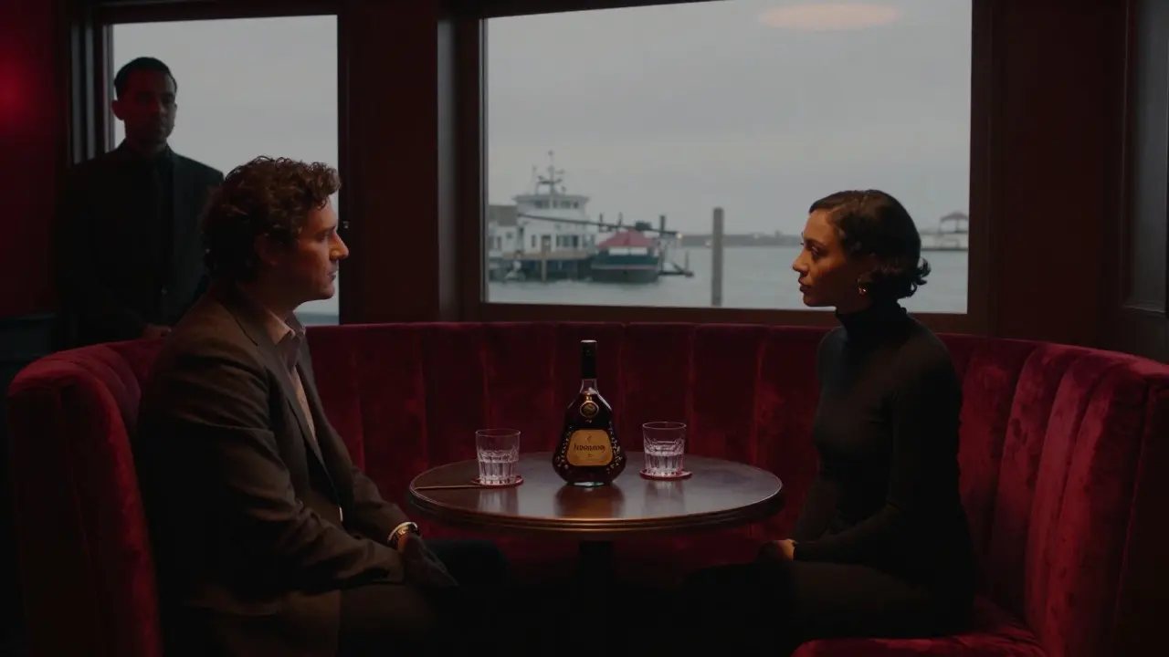 Dimly lit private booth in a nightclub with a bottle of cognac, harbor view, and quiet conversation.