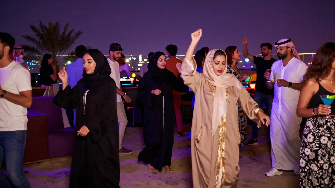 Diverse crowd dancing on a rooftop club under neon lights and palm trees at night.
