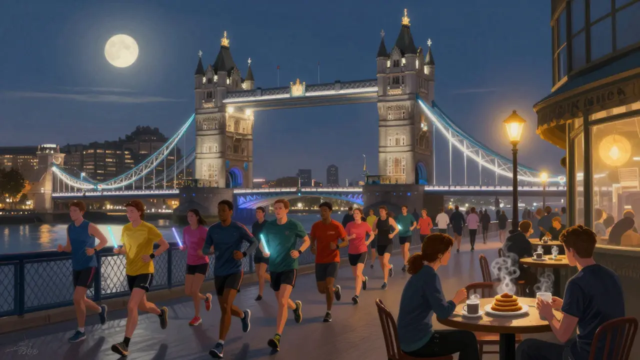 Diverse group jogging along the Thames at night with glow sticks near Tower Bridge.