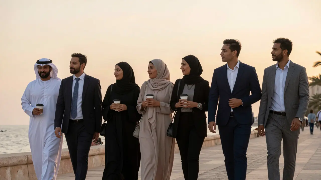Diverse professionals and companions walking peacefully along Abu Dhabi's Corniche at sunset.