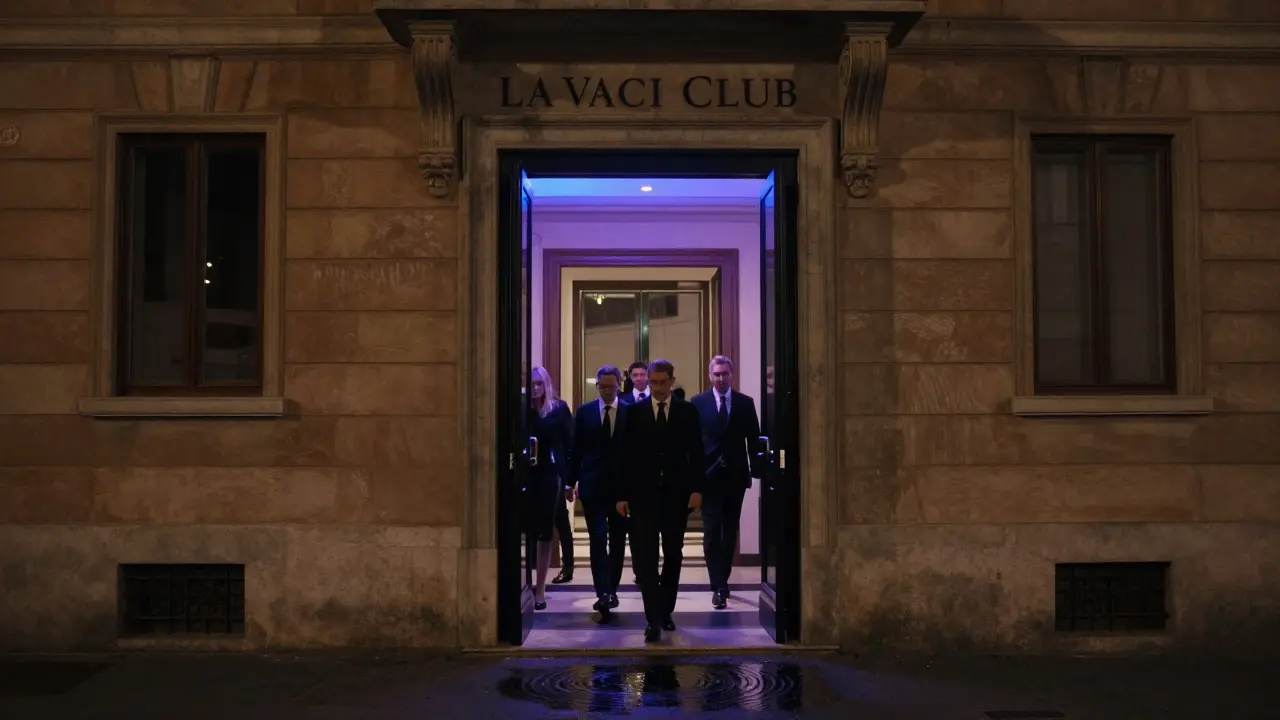 Elegant club entrance at night with stylish crowd entering a historic building.