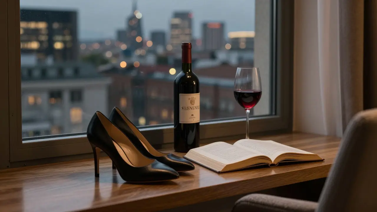 Elegant shoes and wine beside an open book on a hotel windowsill, no people present.
