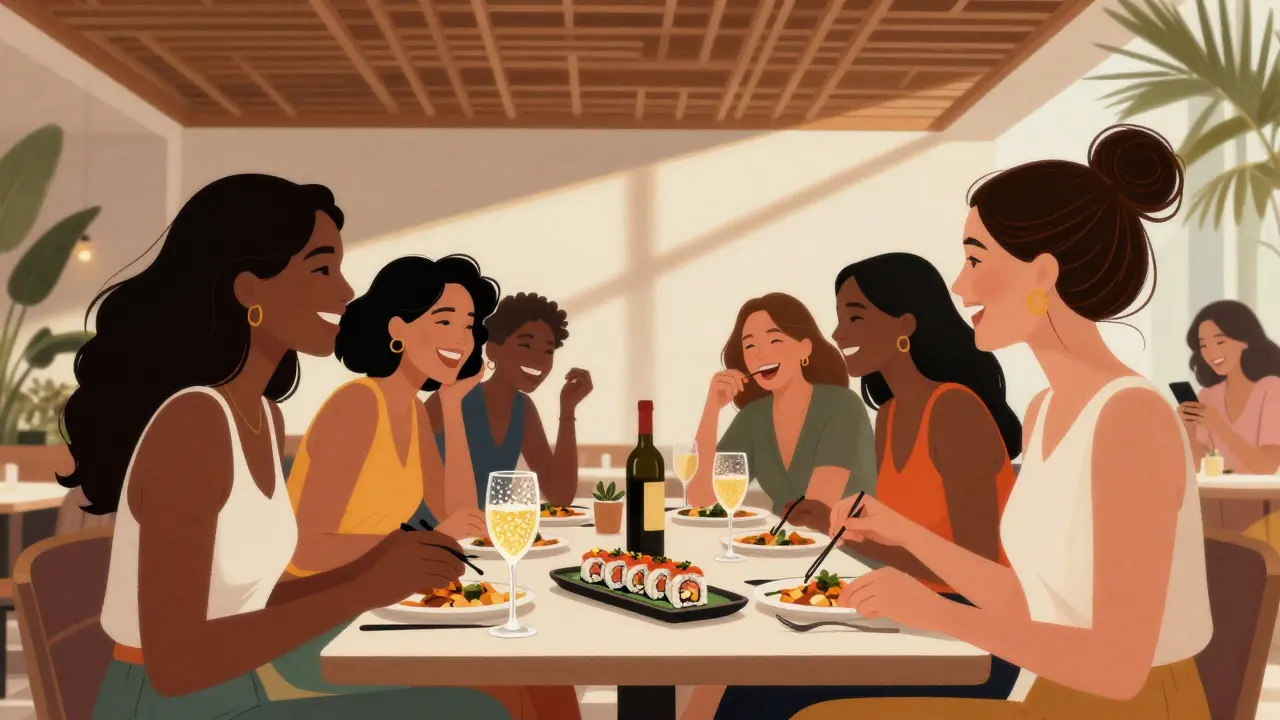 Group of women laughing at a stylish Japanese restaurant with shared plates and soft lighting.
