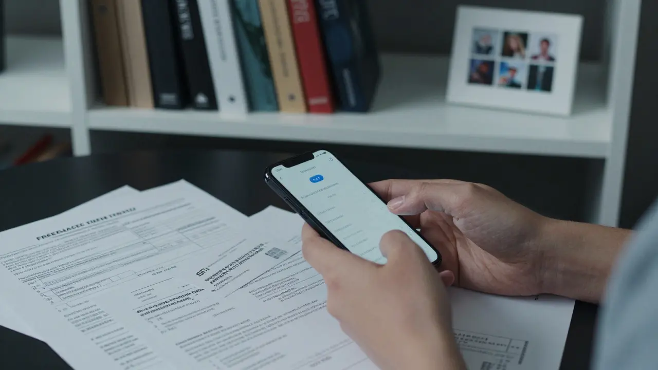 Hands typing on a burner phone with legal and medical documents nearby, conveying privacy and organization.