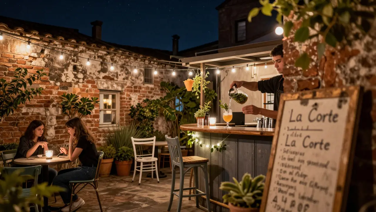 Hidden courtyard bar La Corte with string lights, herbs in cocktails, starlit night.
