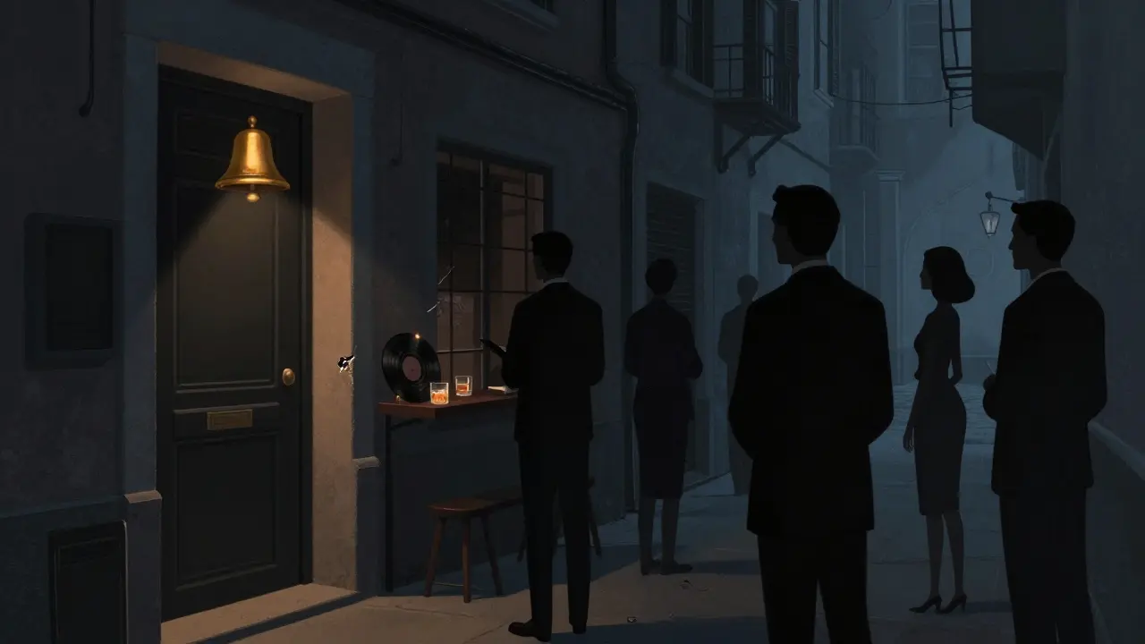 Hidden jazz club entrance in Brera with a black door and dim light spilling from beneath.