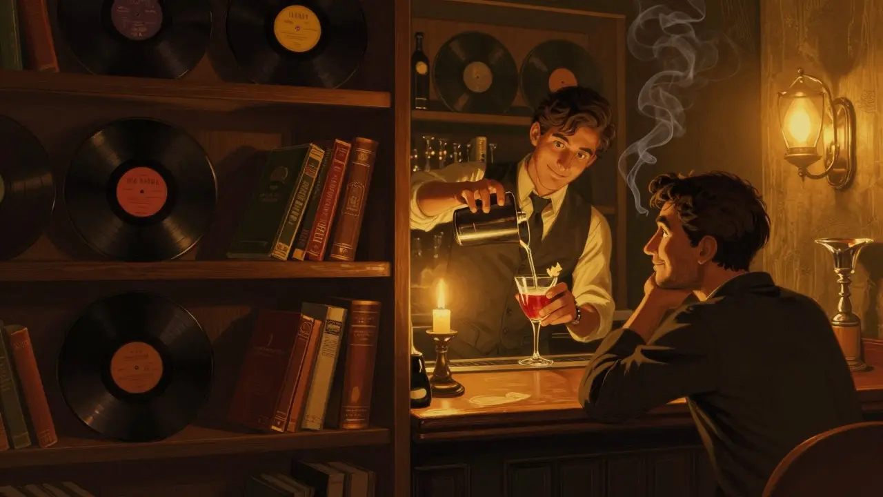 Hidden speakeasy behind a bookshelf, lit by candles with a bartender pouring a signature drink.