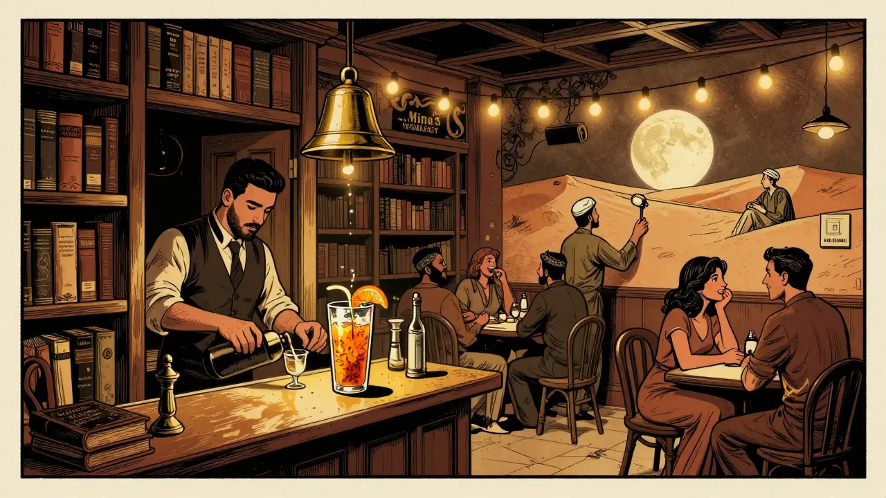 Hidden speakeasy interior with bartender pouring drink, poetry books on walls, string lights above laughing patrons.