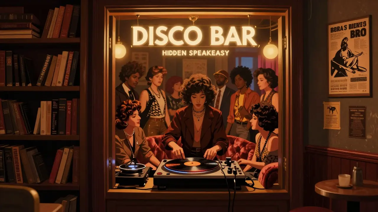 Hidden speakeasy lounge with velvet couches and vinyl records playing Italian disco