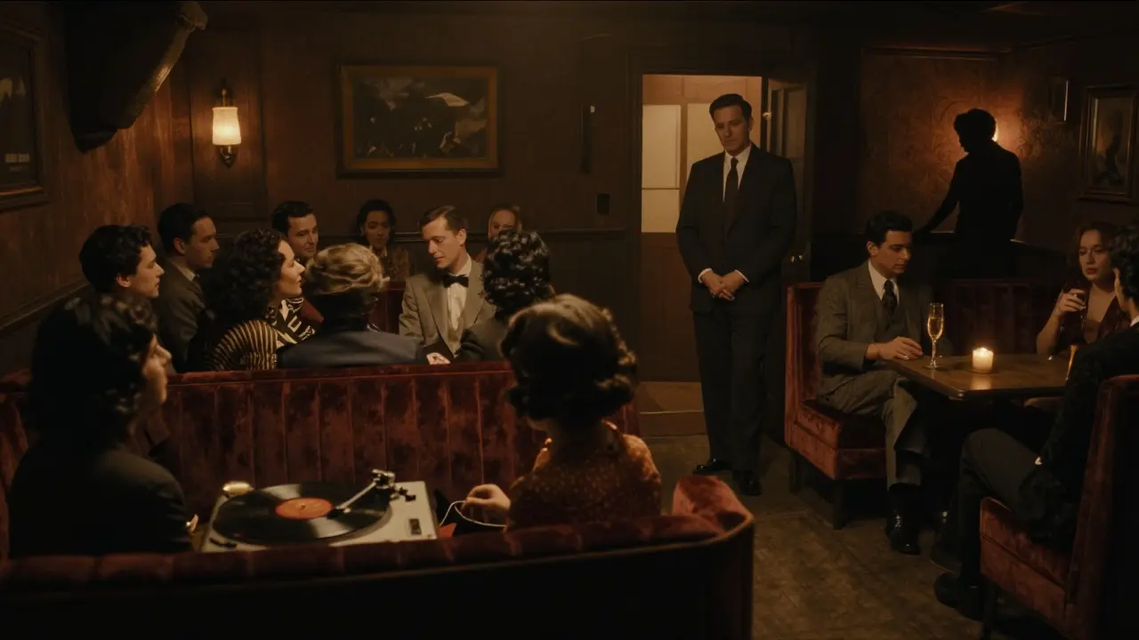 Intimate basement lounge at Le Baron with dim lighting, vinyl record spinning, and a mysterious crowd.