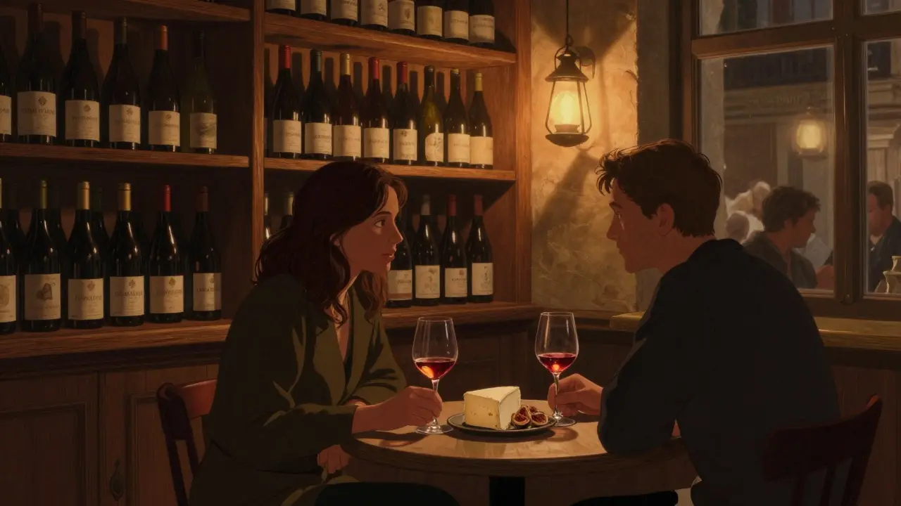 Intimate couple in a cozy hidden wine bar with wine glasses and cheese under warm lantern light.