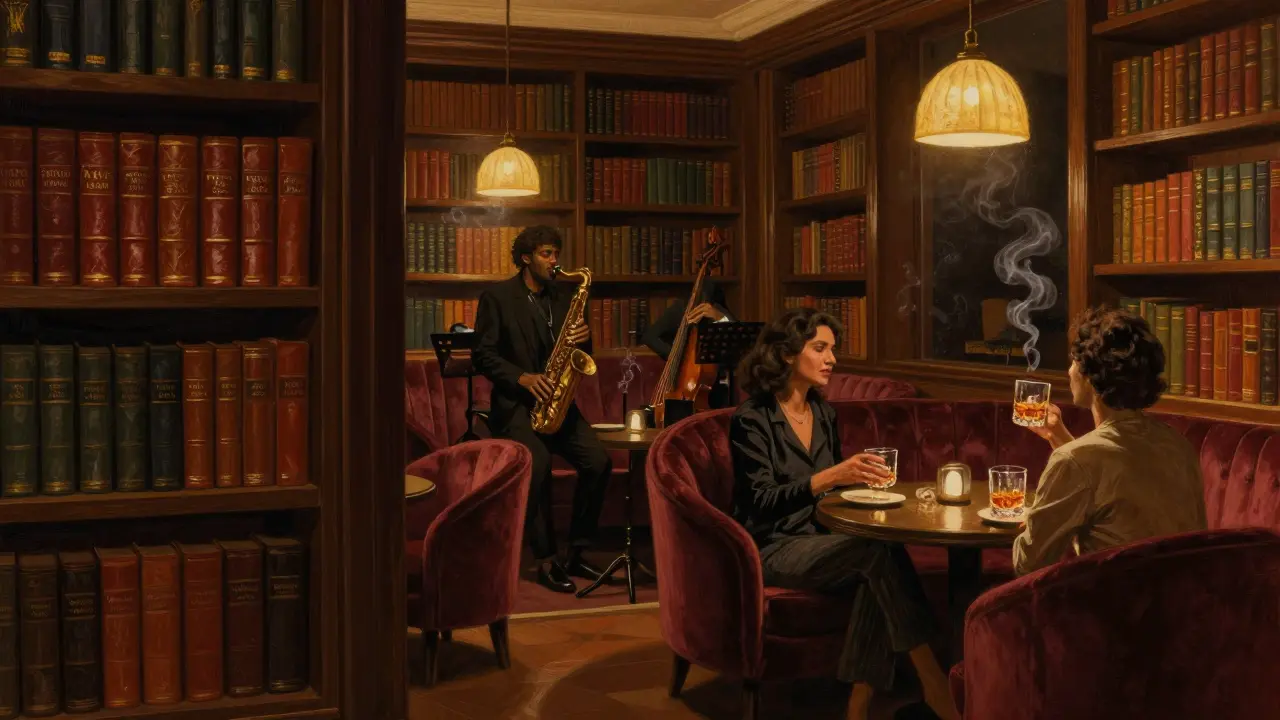 Intimate jazz lounge hidden behind bookshelves, dimly lit with patrons sipping whiskey.