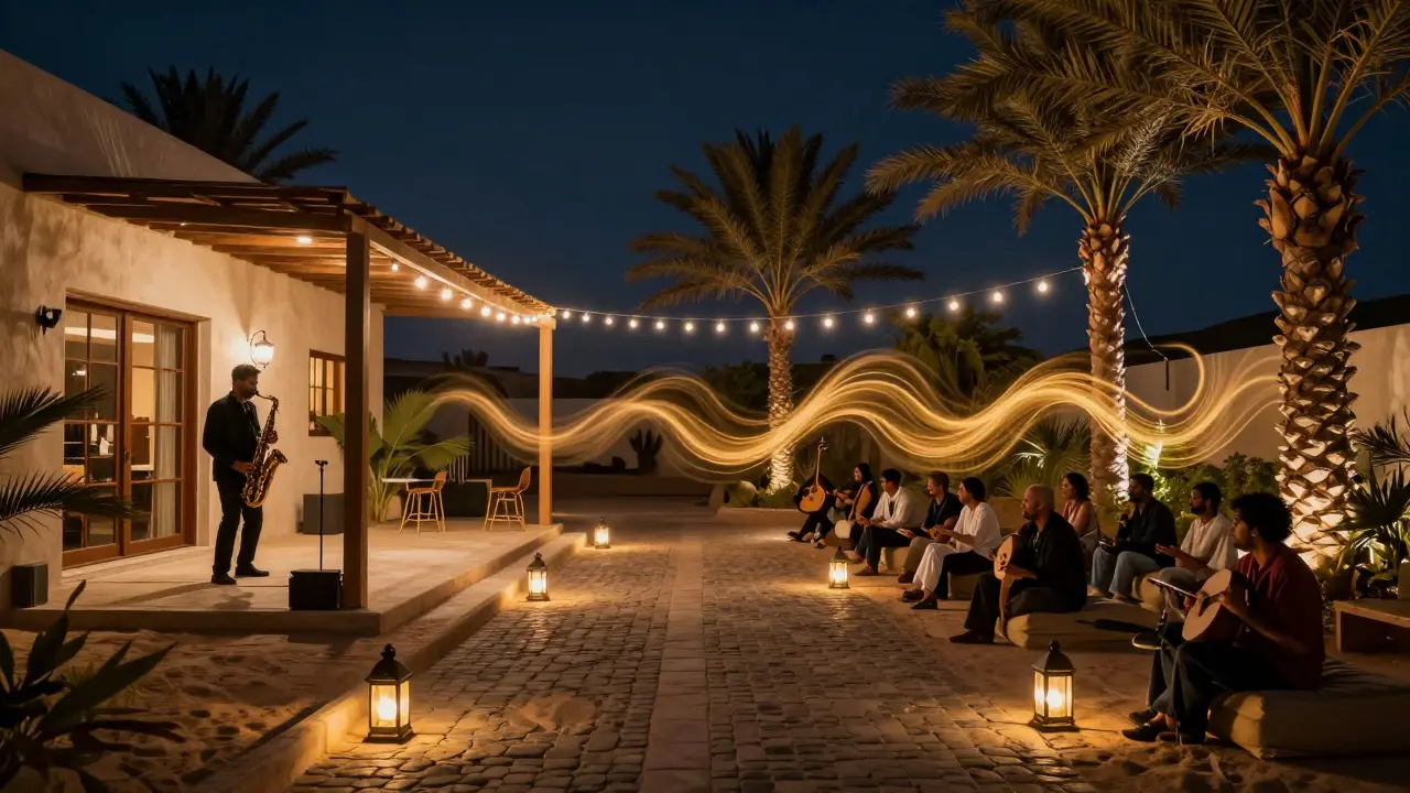 Jazz club at night with a saxophonist playing under lanterns, patrons relaxed on low seating.