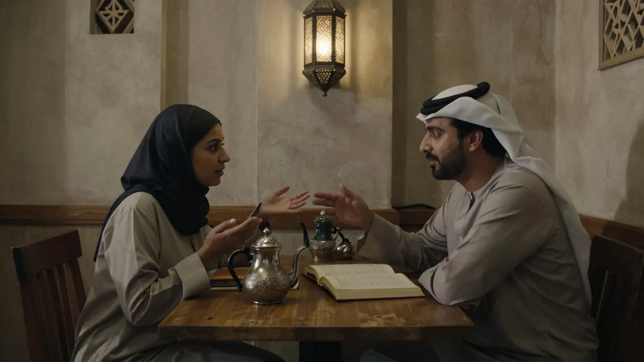 Man and woman sharing tea and conversation over a book in a traditional Emirati café.
