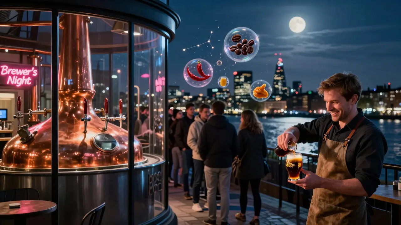 Midnight taproom with a line of people and floating beer flavor orbs glowing above the crowd.