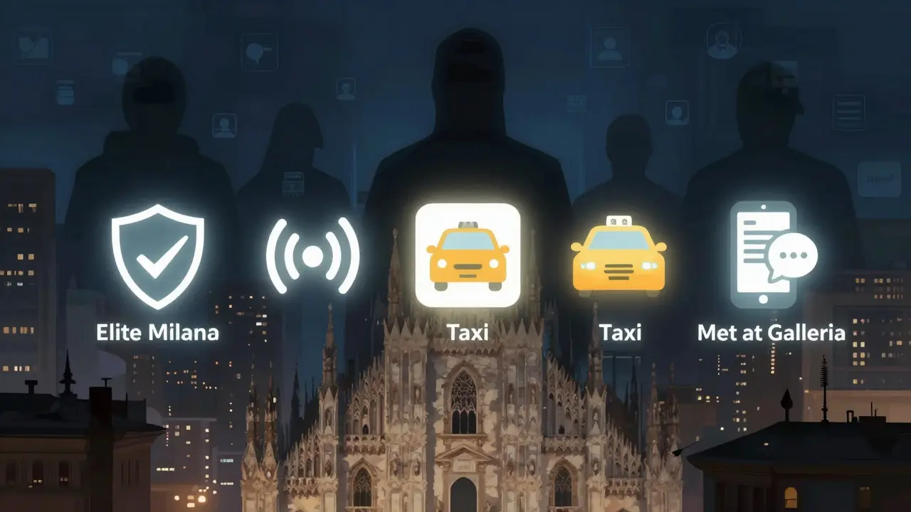 Milan cityscape with safety icons glowing amid fading scam symbols.