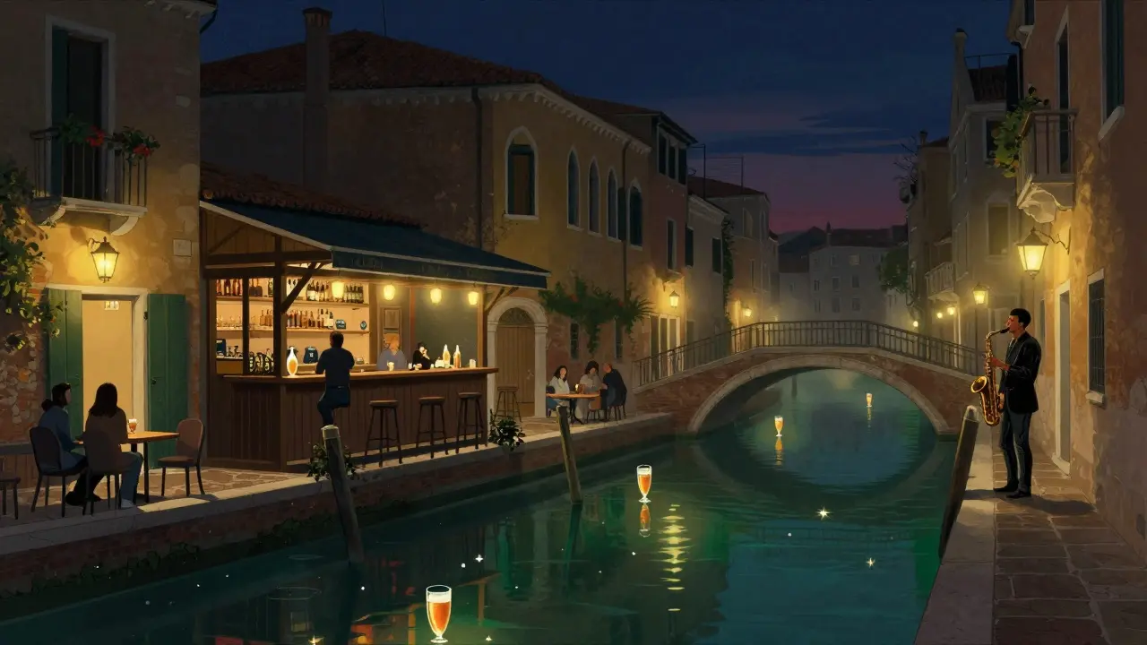 Navigli Canals lit by lanterns, beer bar under a bridge with reflections on water.