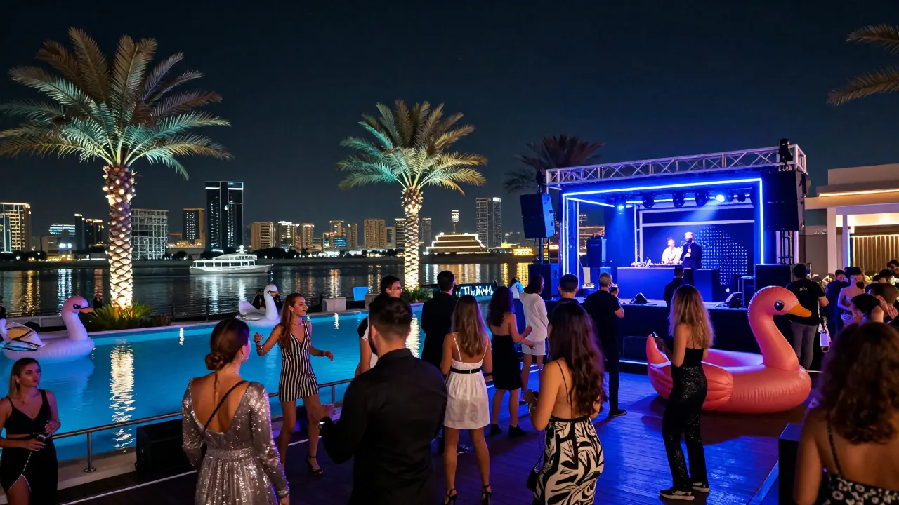 Open-air nightclub with LED palm trees and poolside dancers under the stars.