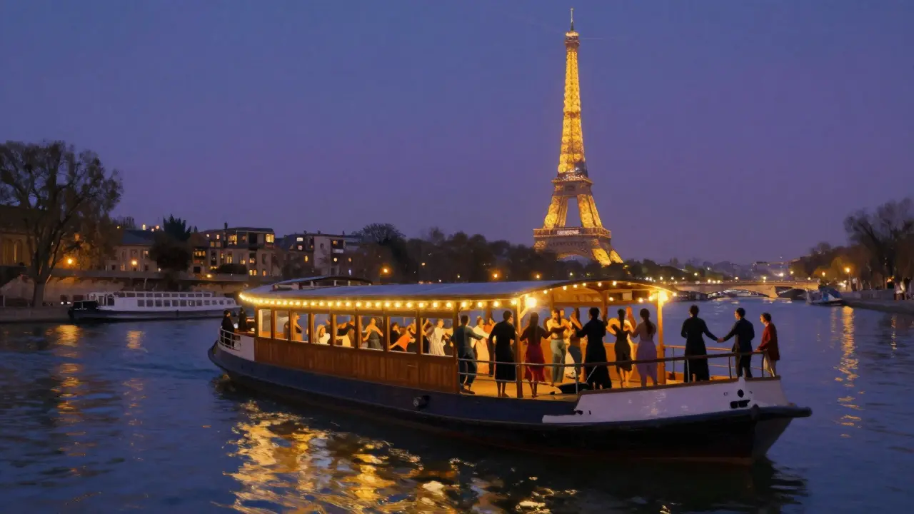 People dancing on a floating barge on the Seine with the Eiffel Tower glowing in the background.
