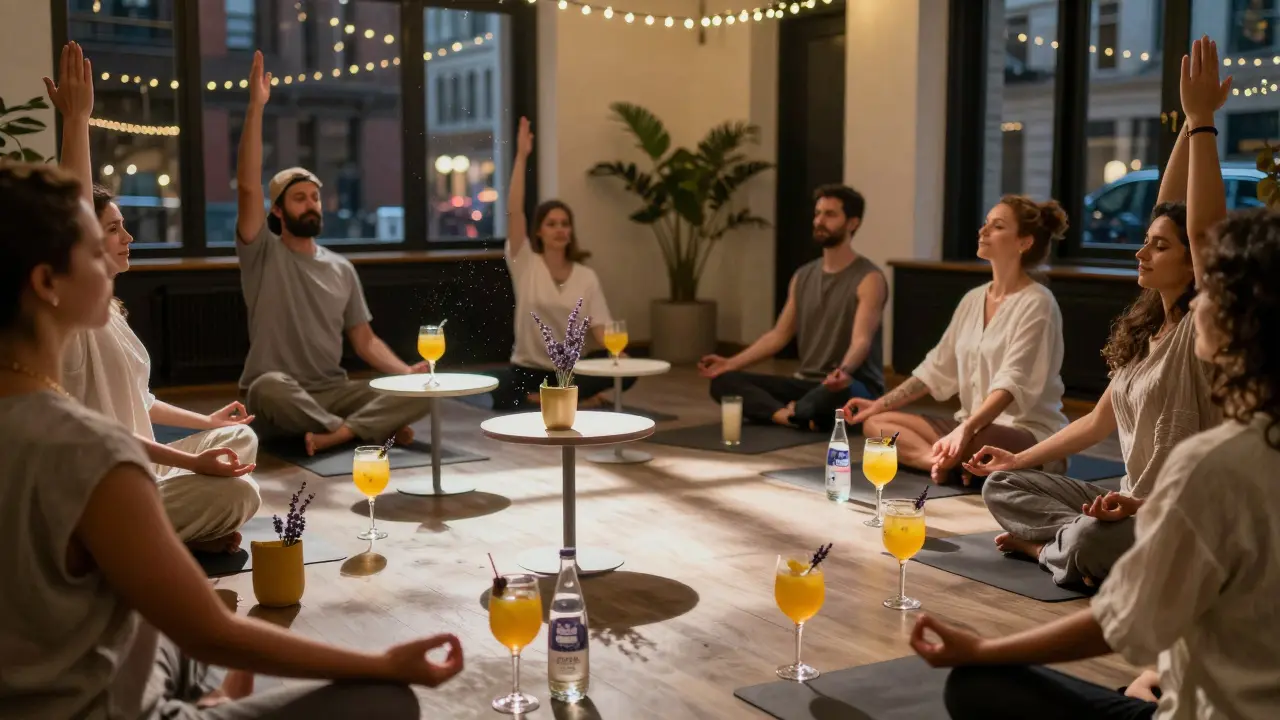 People practicing yoga under string lights with recovery cocktails in a calm London venue.