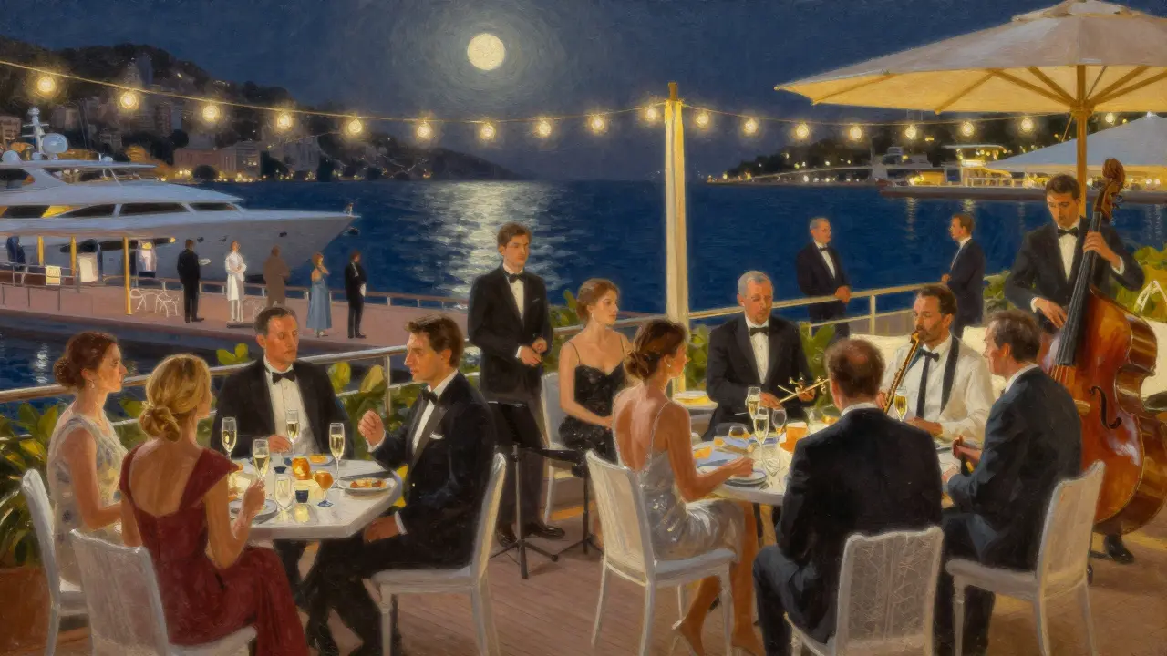 Private floating party on a yacht terrace with guests enjoying jazz under string lights at night.