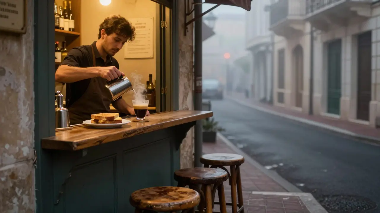 Quiet 24-hour bar at night with a barista pouring an espresso martini and a grilled cheese sandwich.